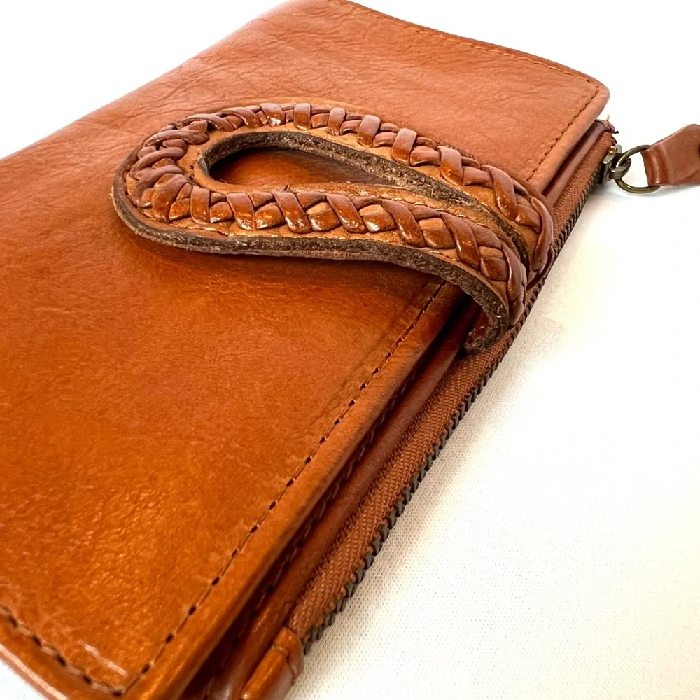 Genuine Leather Braided Tab Wallet Boho Brown Bifold Checkbook Organizer - Picture 2 of 10
